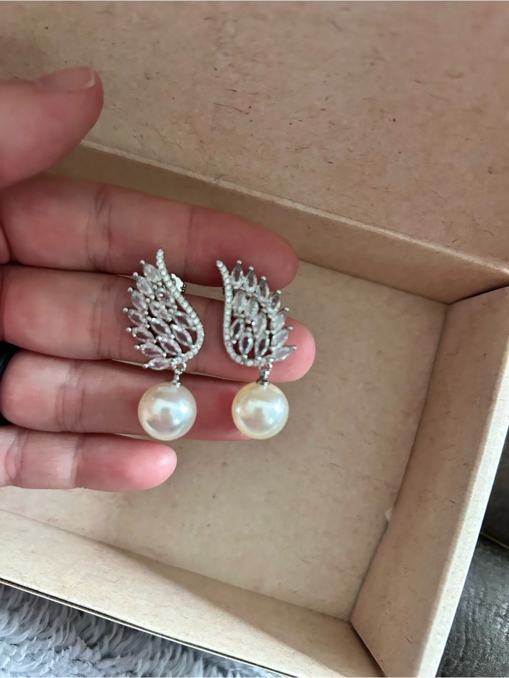 4/$50 Silver Pearl Drop Angel Wing Earrings - Elegant White Pearlescent Dangles